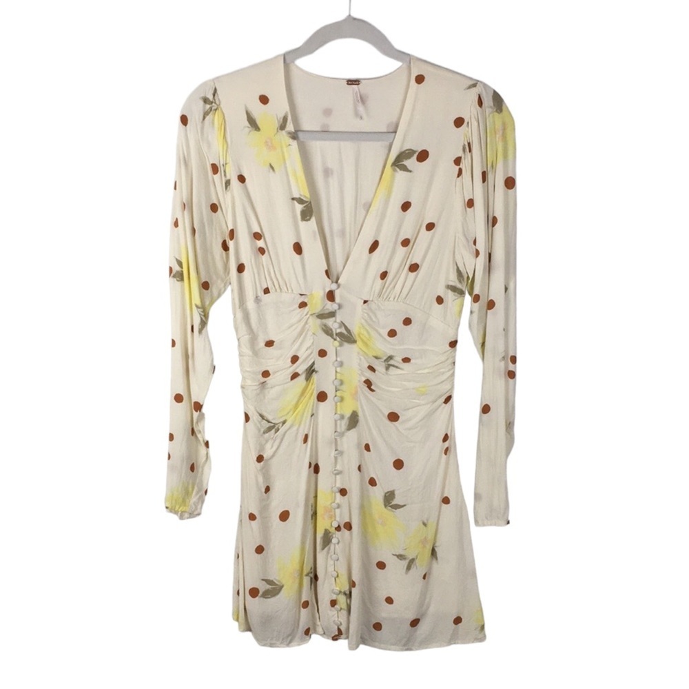 Free People Cream Polka Dot & Yellow Floral Long Sleeve Dress